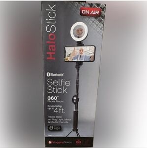 Halo Black Bluetooth Selfie Stick with Ring Light